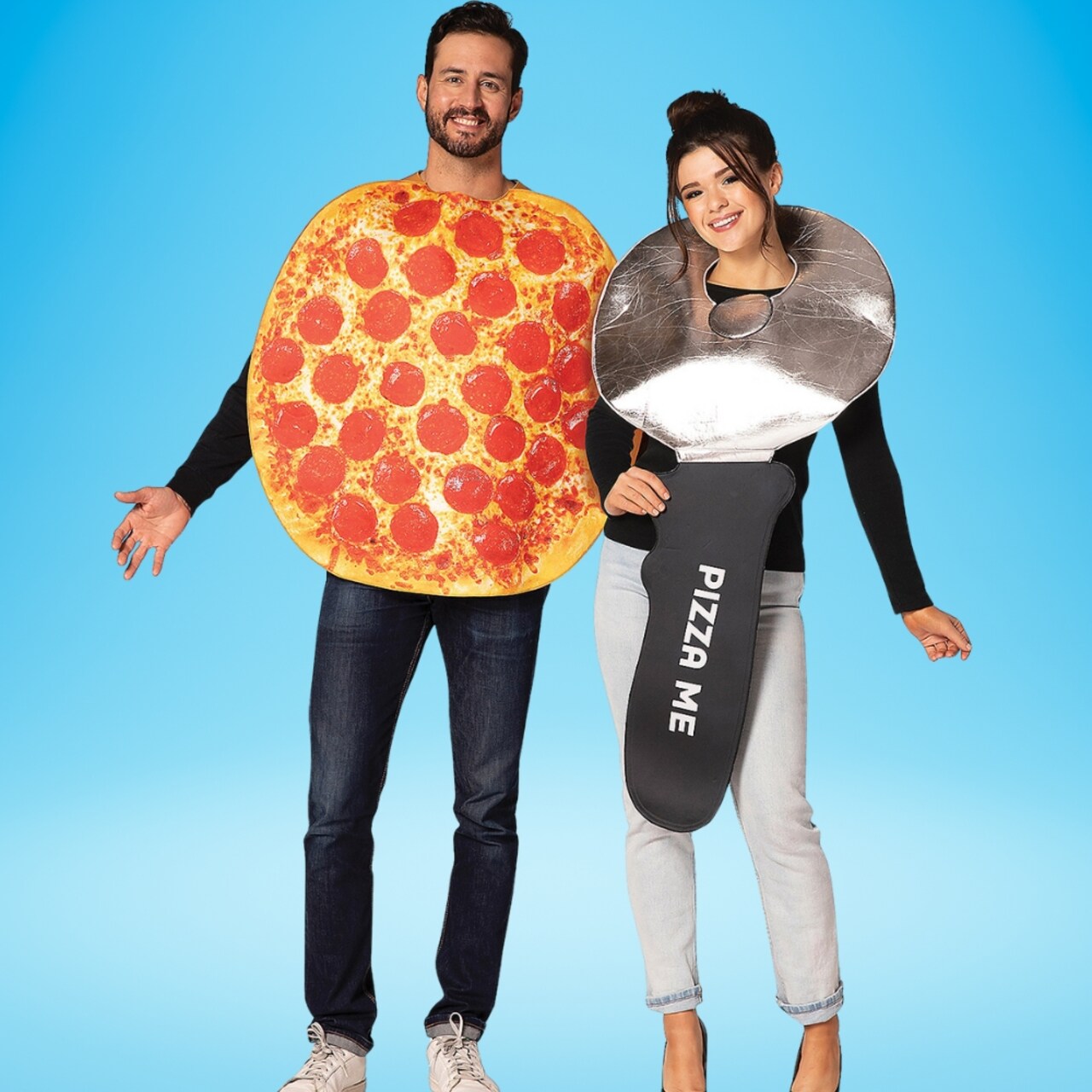 Pepperoni Pizza and Pizza Cutter Adult Couples Costume Set Food Tunics Funny Halloween Party Outfit